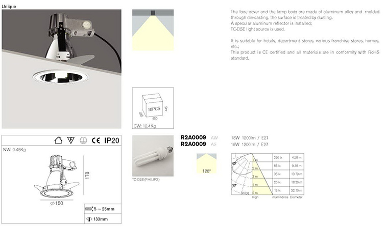 Modern IP20 Recessed E27 Downlight