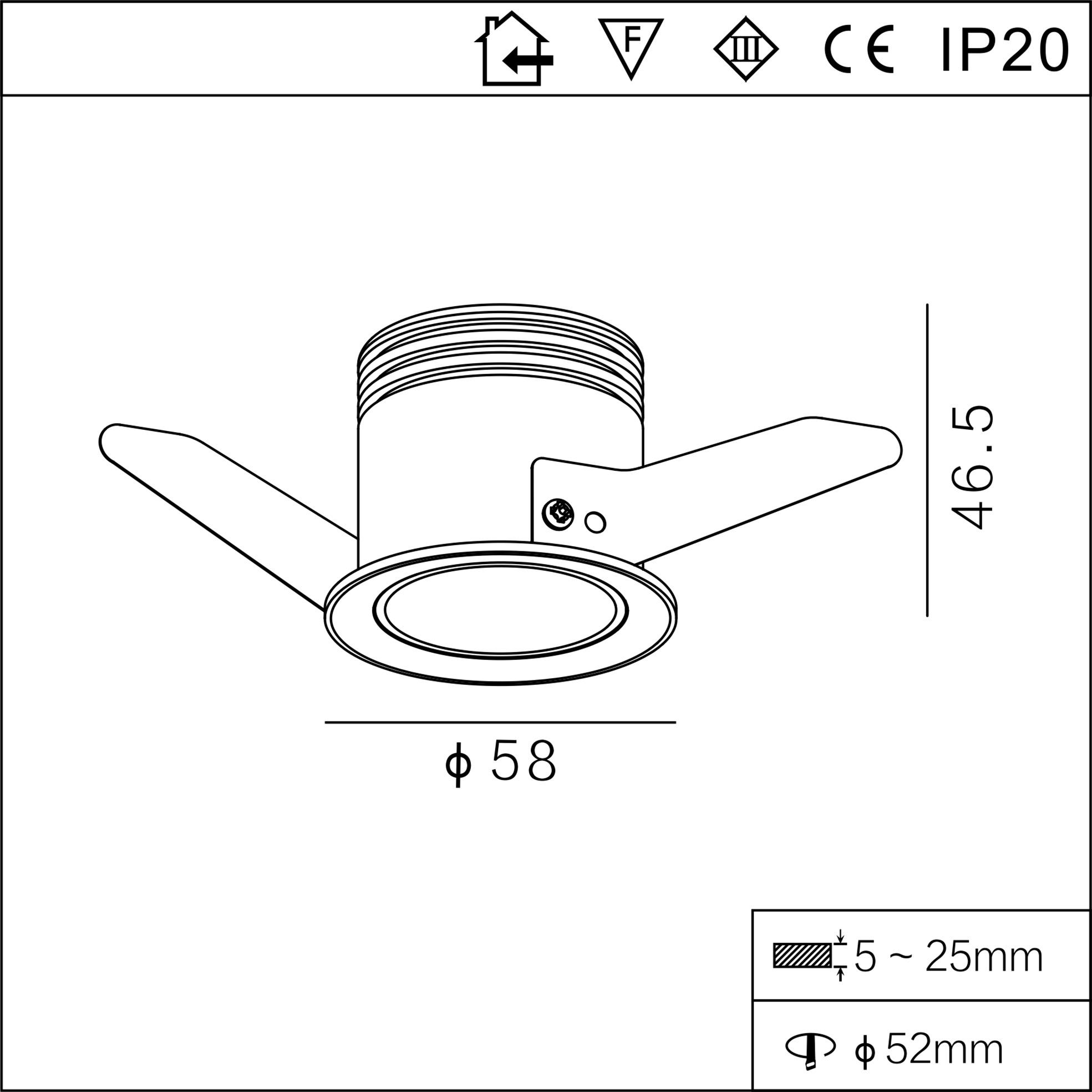 Cutout 52mm Recessed Mounted 5W IP20 LED Lamp 
