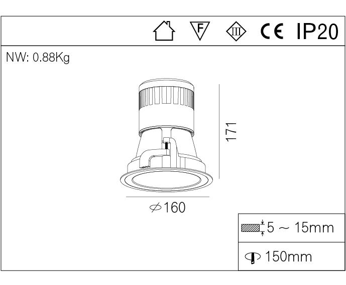 15W fixed LED BAW recessed down light 