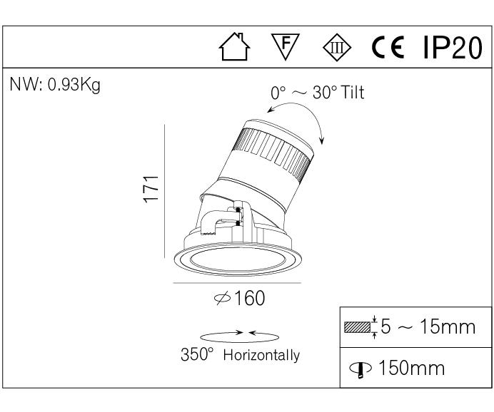 15W adjustable LED BAW recessed down light 