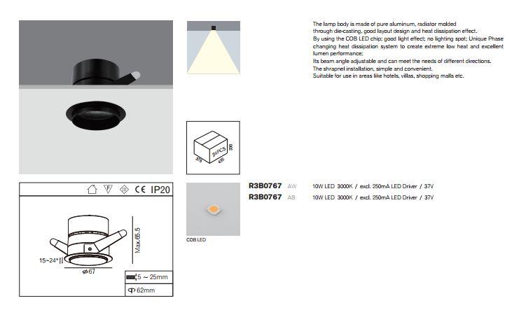 10w round black 3000k led cob downlight