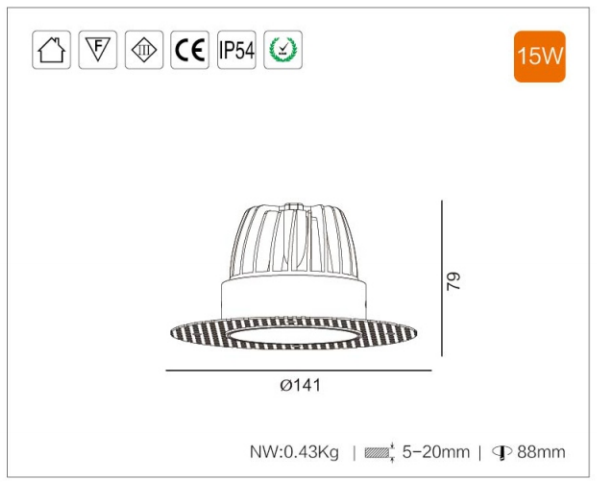 Trimless Fixed 15W White Recessed IP54 Hotel Downlight